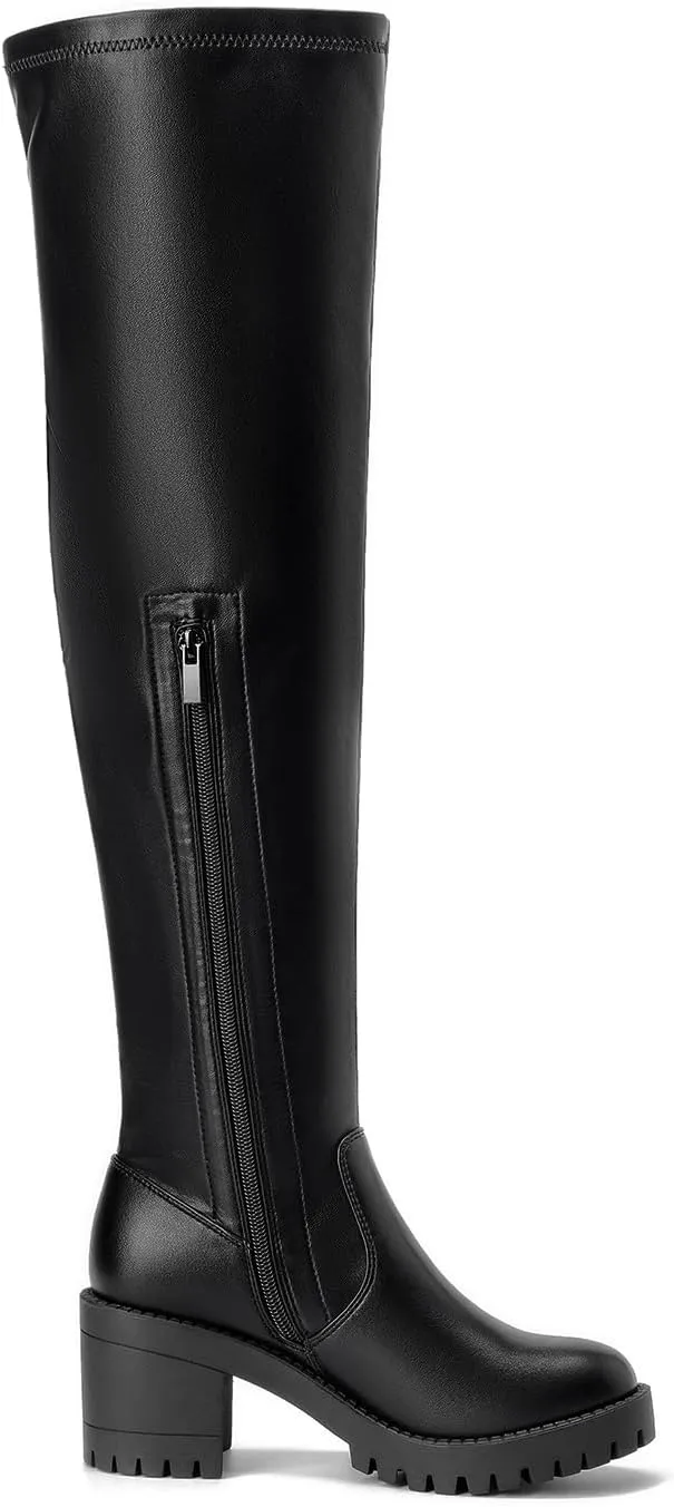 EETTARO Women's Over The Knee Boot Fashion Stretch Thigh High Boots Chunky Heel Tall Long Side Zip Boots
