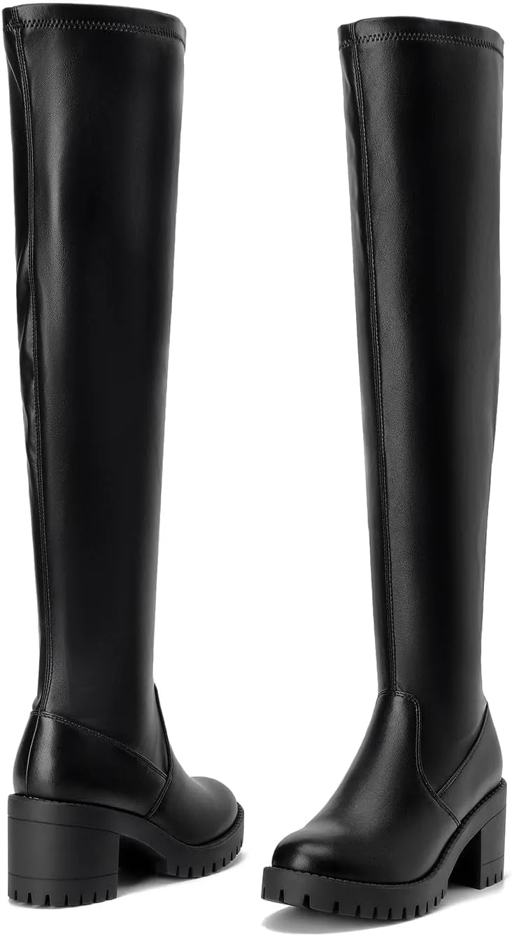 EETTARO Women's Over The Knee Boot Fashion Stretch Thigh High Boots Chunky Heel Tall Long Side Zip Boots
