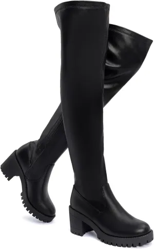 EETTARO Women's Over The Knee Boot Fashion Stretch Thigh High Boots Chunky Heel Tall Long Side Zip Boots