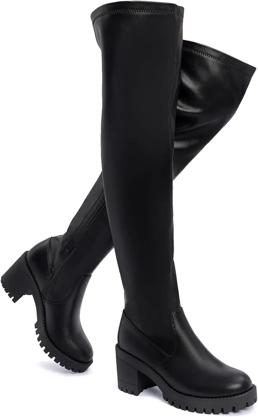 EETTARO Women's Over The Knee Boot Fashion Stretch Thigh High Boots Chunky Heel Tall Long Side Zip Boots