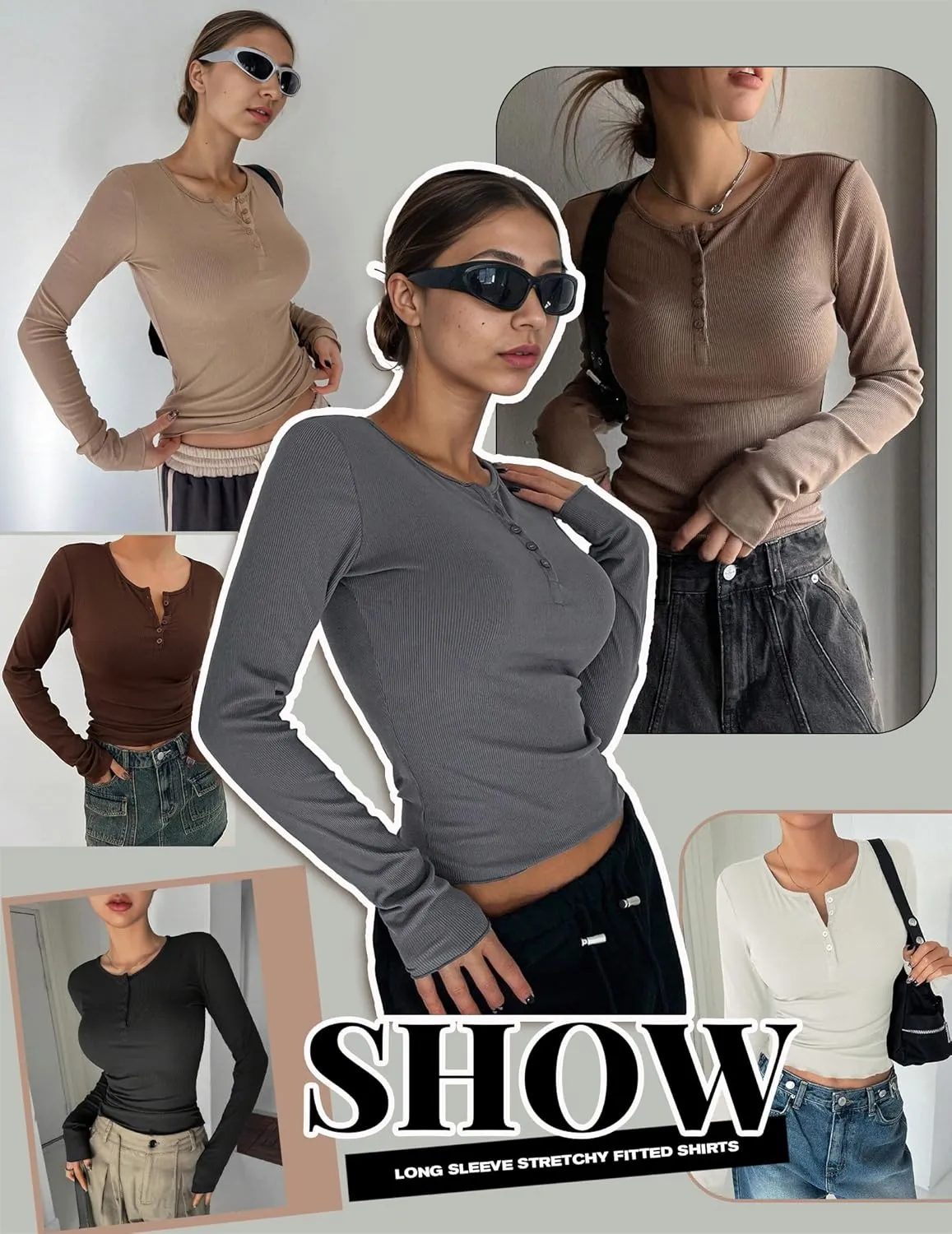 Ekouaer Women's Long Sleeve Shirts 3 Packs Henley Button Down Tops Ribbed Slim Fit Base Layer Soft Thermal Tee