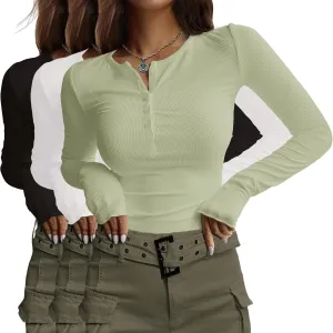 Ekouaer Women's Long Sleeve Shirts 3 Packs Henley Button Down Tops Ribbed Slim Fit Base Layer Soft Thermal Tee