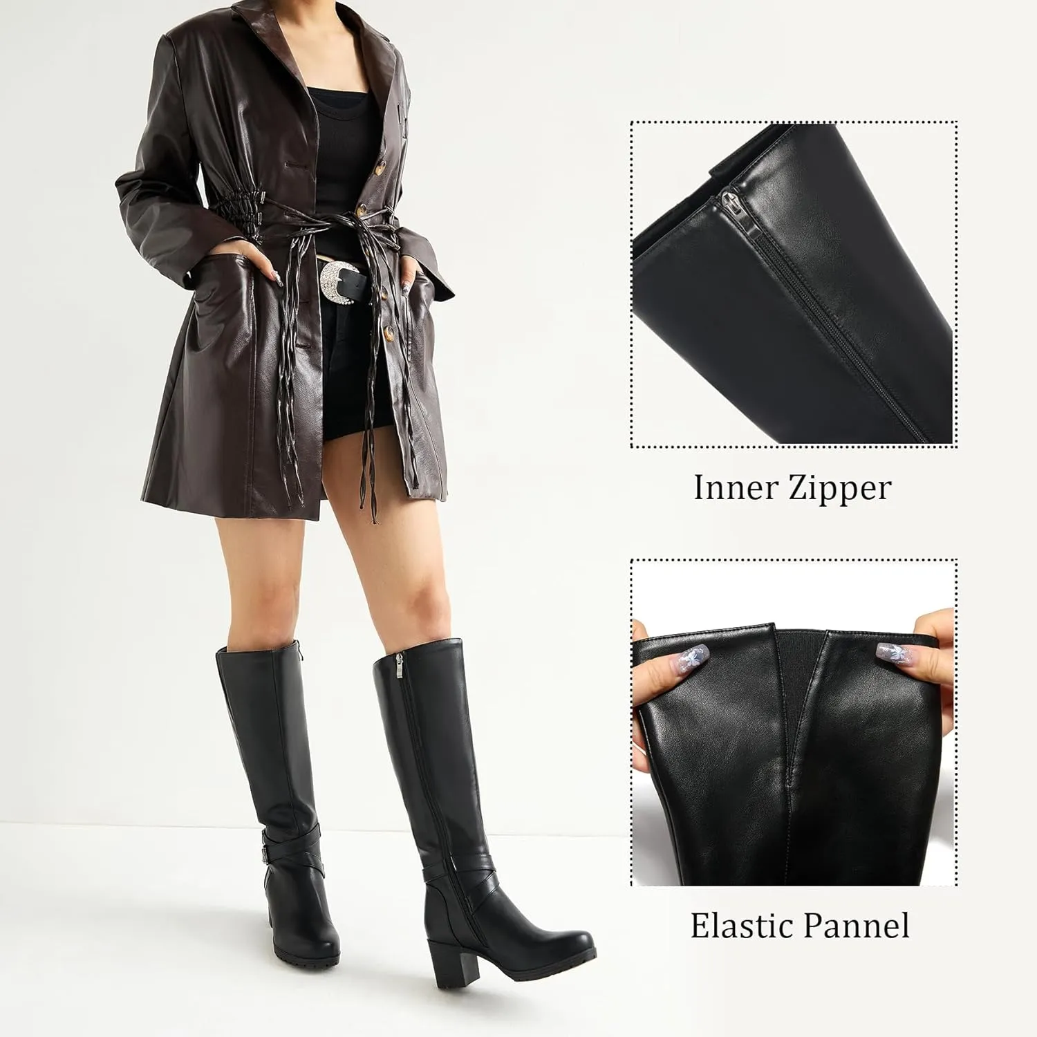 ErikenUrben Women's Knee-High Riding Boots Chunky Heel Buckle Calf Boots Zip