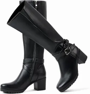 ErikenUrben Women's Knee-High Riding Boots Chunky Heel Buckle Calf Boots Zip