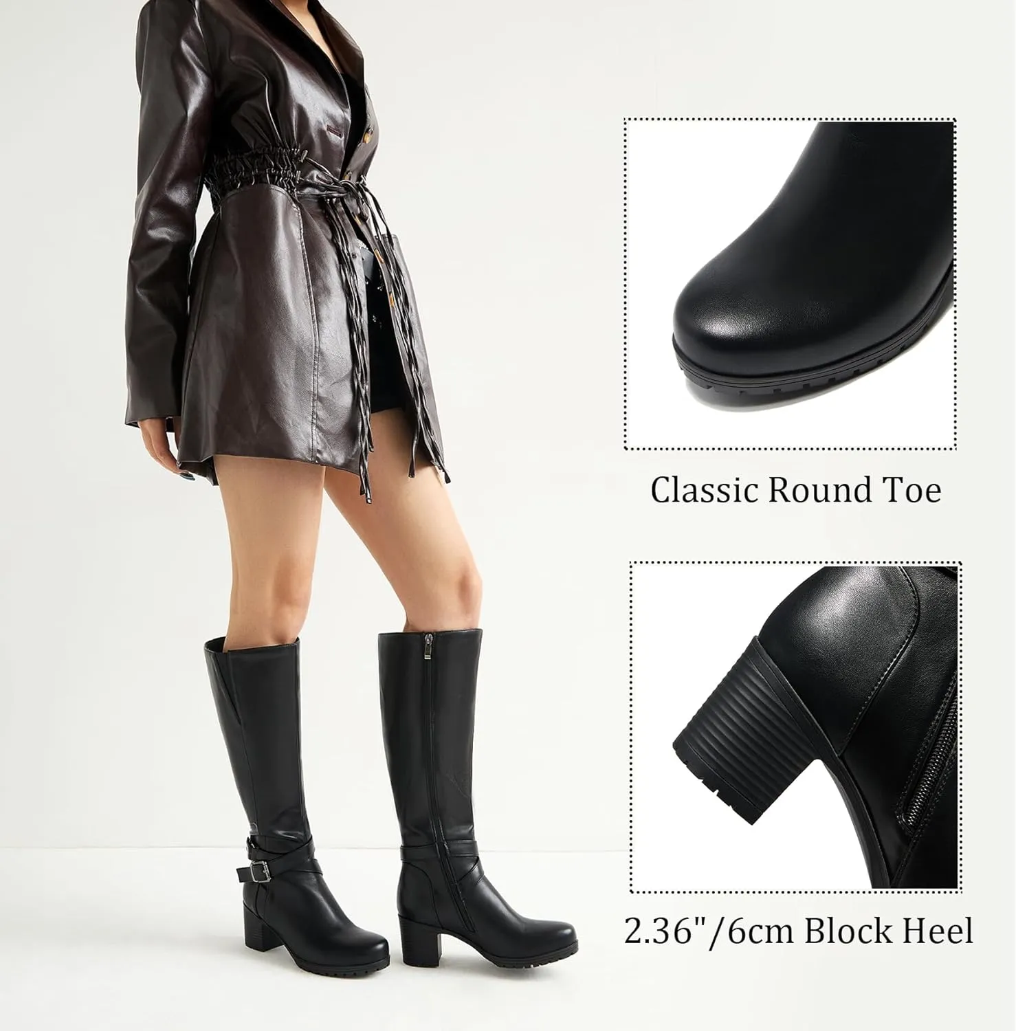 ErikenUrben Women's Knee-High Riding Boots Chunky Heel Buckle Calf Boots Zip