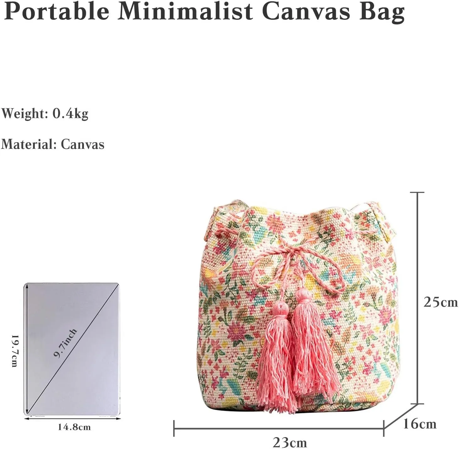 Ethnic Tote Handbag for Women Canvas Bohemian Shoulder Bag Bucket Retro Crossbody with Tassels Multicolor Hobo Drawstring