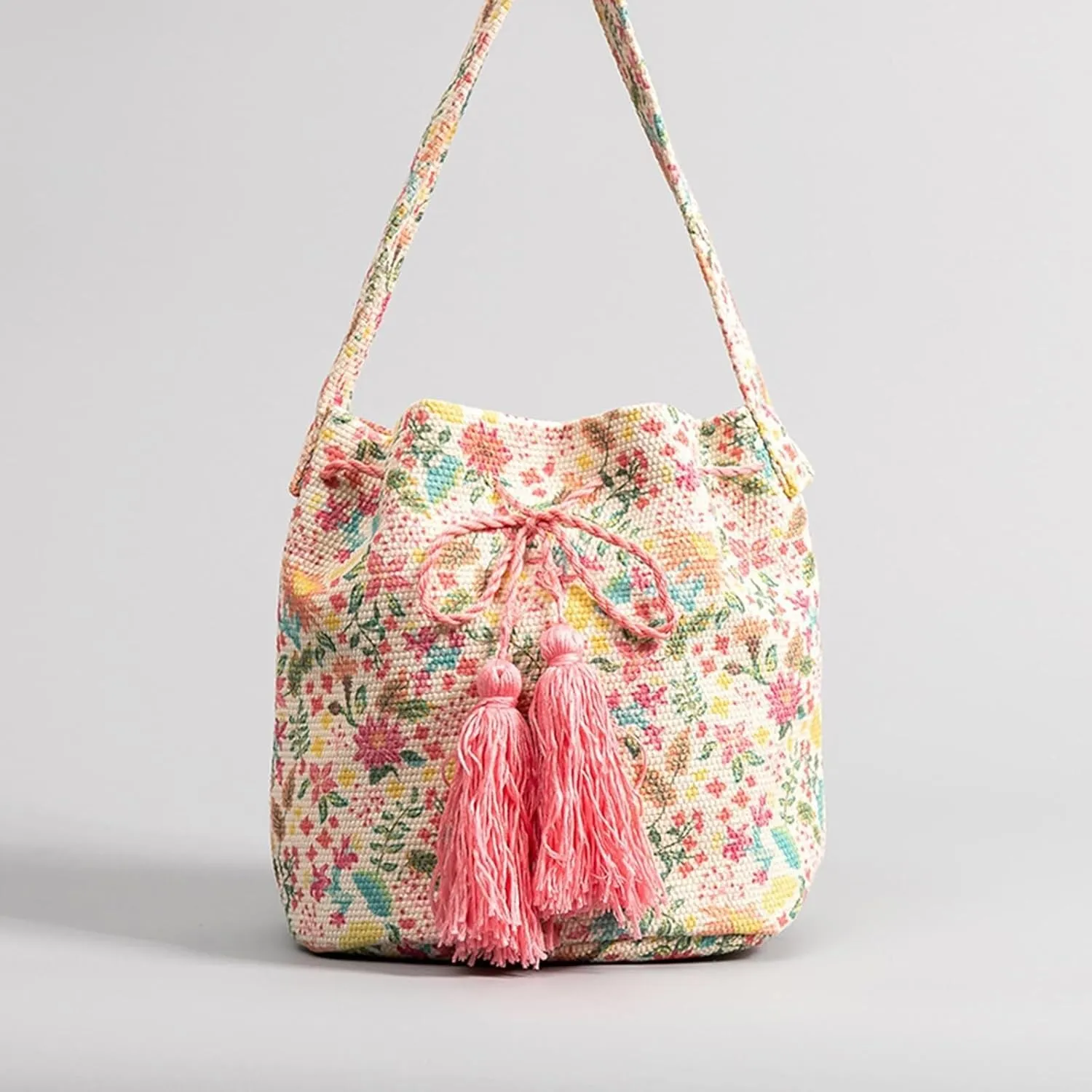 Ethnic Tote Handbag for Women Canvas Bohemian Shoulder Bag Bucket Retro Crossbody with Tassels Multicolor Hobo Drawstring