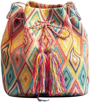 Ethnic Tote Handbag for Women Canvas Bohemian Shoulder Bag Bucket Retro Crossbody with Tassels Multicolor Hobo Drawstring