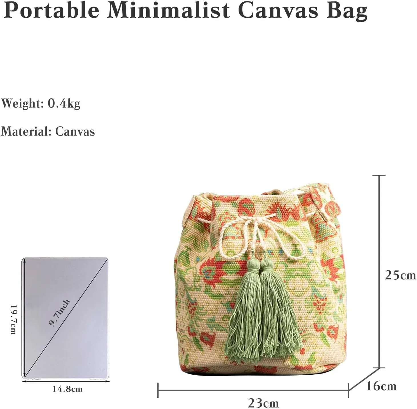 Ethnic Tote Handbag for Women Canvas Bohemian Shoulder Bag Bucket Retro Crossbody with Tassels Multicolor Hobo Drawstring