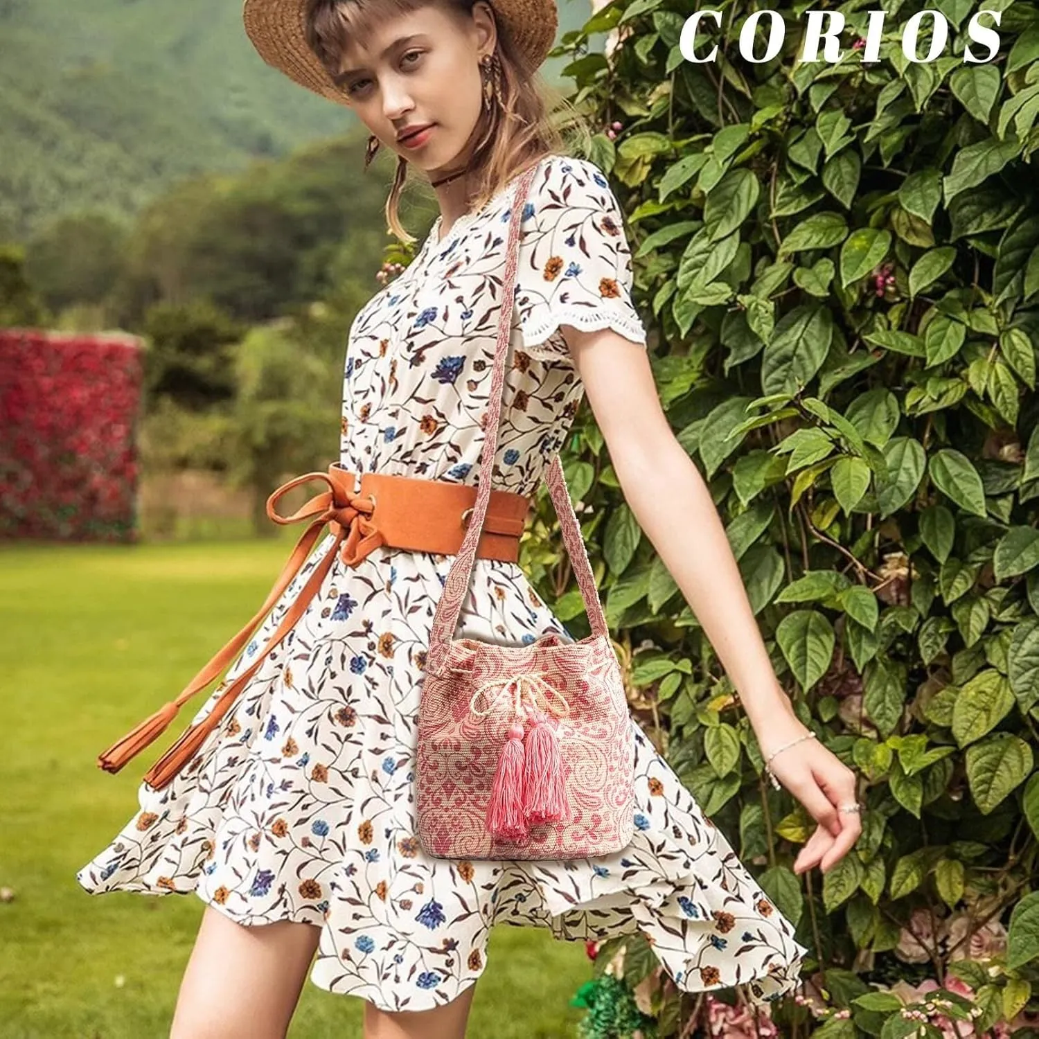 Ethnic Tote Handbag for Women Canvas Bohemian Shoulder Bag Bucket Retro Crossbody with Tassels Multicolor Hobo Drawstring