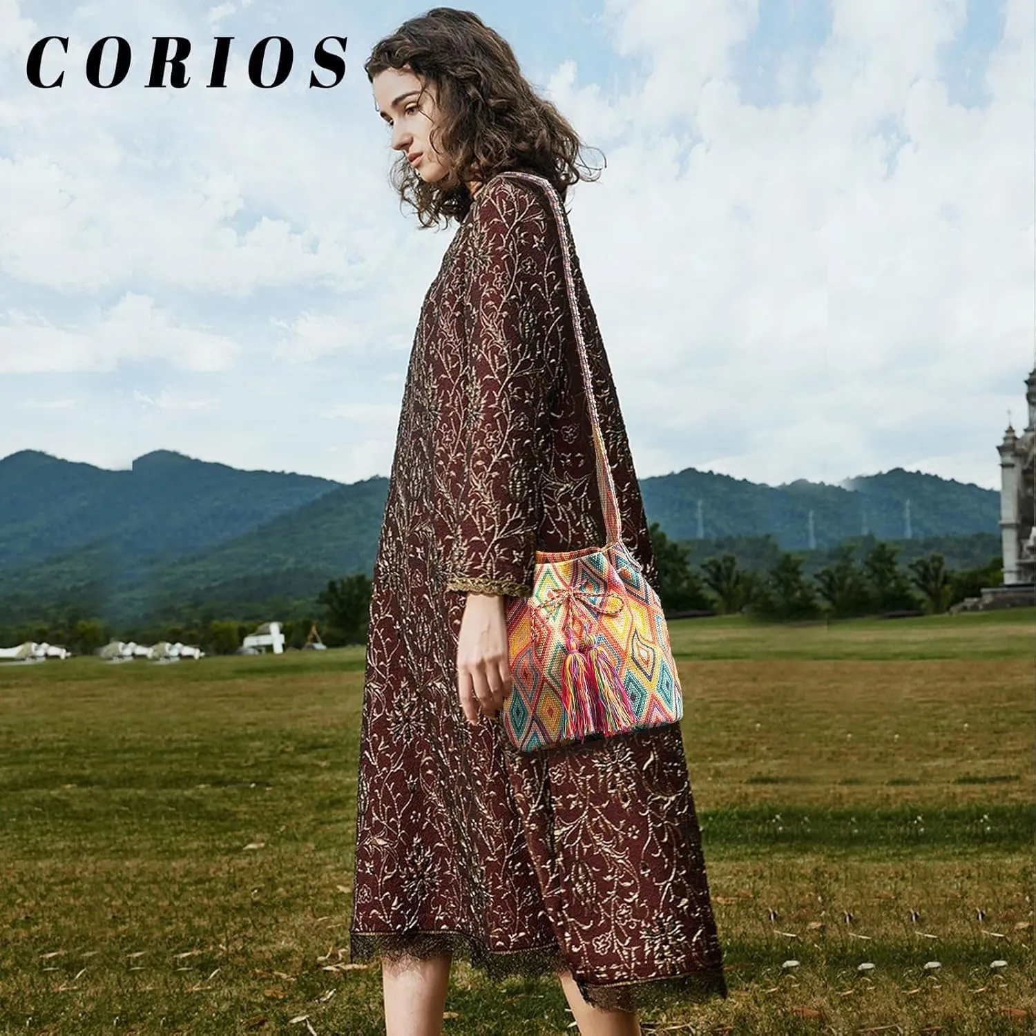 Ethnic Tote Handbag for Women Canvas Bohemian Shoulder Bag Bucket Retro Crossbody with Tassels Multicolor Hobo Drawstring