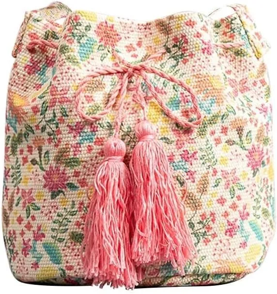 Ethnic Tote Handbag for Women Canvas Bohemian Shoulder Bag Bucket Retro Crossbody with Tassels Multicolor Hobo Drawstring