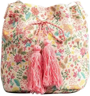 Ethnic Tote Handbag for Women Canvas Bohemian Shoulder Bag Bucket Retro Crossbody with Tassels Multicolor Hobo Drawstring