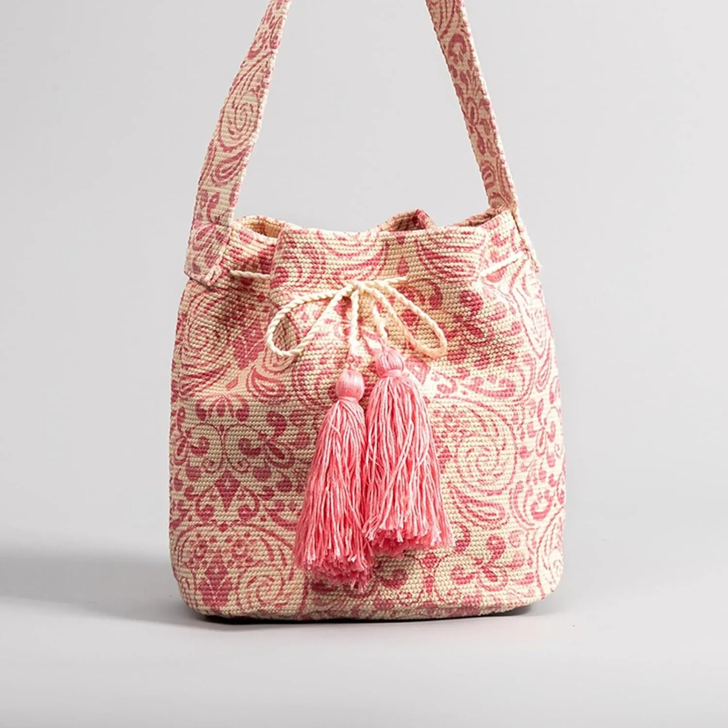 Ethnic Tote Handbag for Women Canvas Bohemian Shoulder Bag Bucket Retro Crossbody with Tassels Multicolor Hobo Drawstring