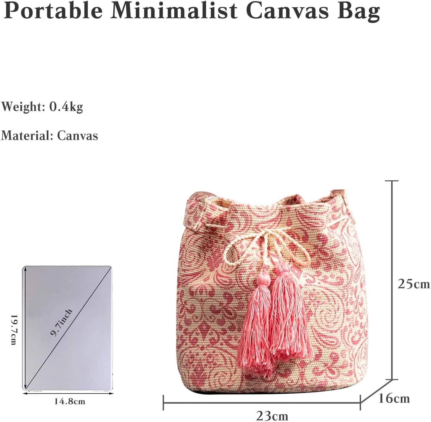 Ethnic Tote Handbag for Women Canvas Bohemian Shoulder Bag Bucket Retro Crossbody with Tassels Multicolor Hobo Drawstring