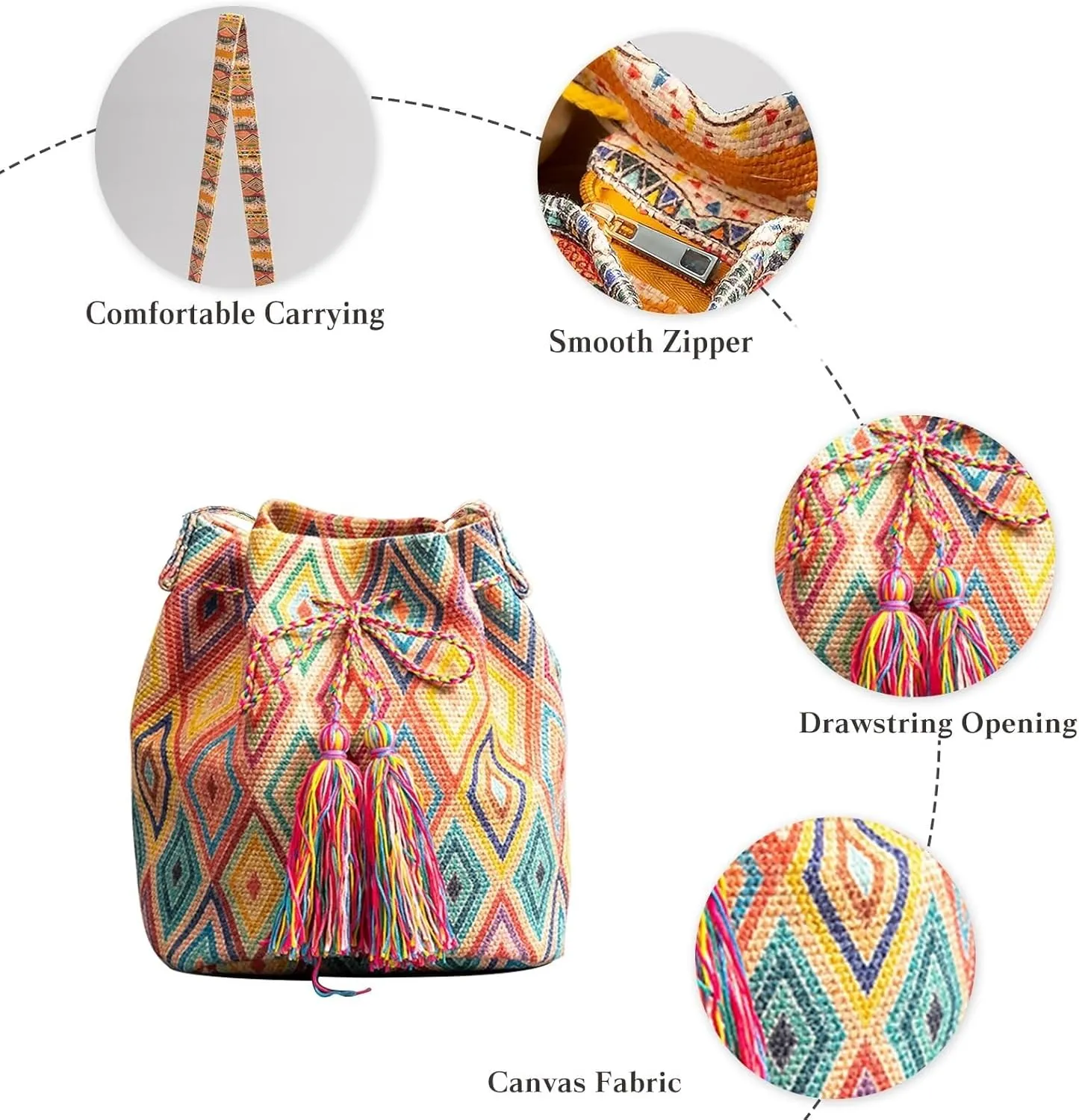 Ethnic Tote Handbag for Women Canvas Bohemian Shoulder Bag Bucket Retro Crossbody with Tassels Multicolor Hobo Drawstring