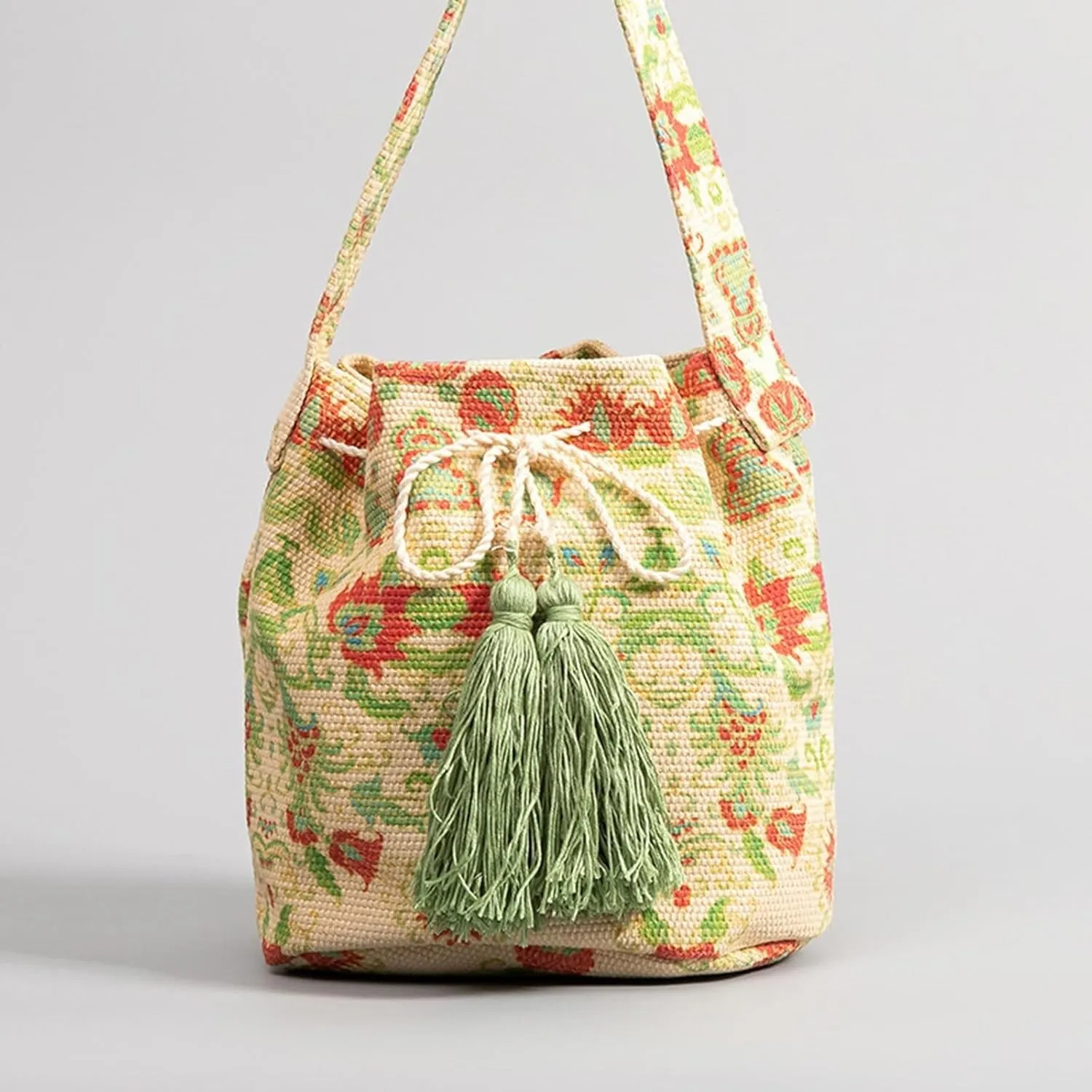 Ethnic Tote Handbag for Women Canvas Bohemian Shoulder Bag Bucket Retro Crossbody with Tassels Multicolor Hobo Drawstring
