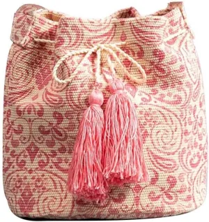 Ethnic Tote Handbag for Women Canvas Bohemian Shoulder Bag Bucket Retro Crossbody with Tassels Multicolor Hobo Drawstring