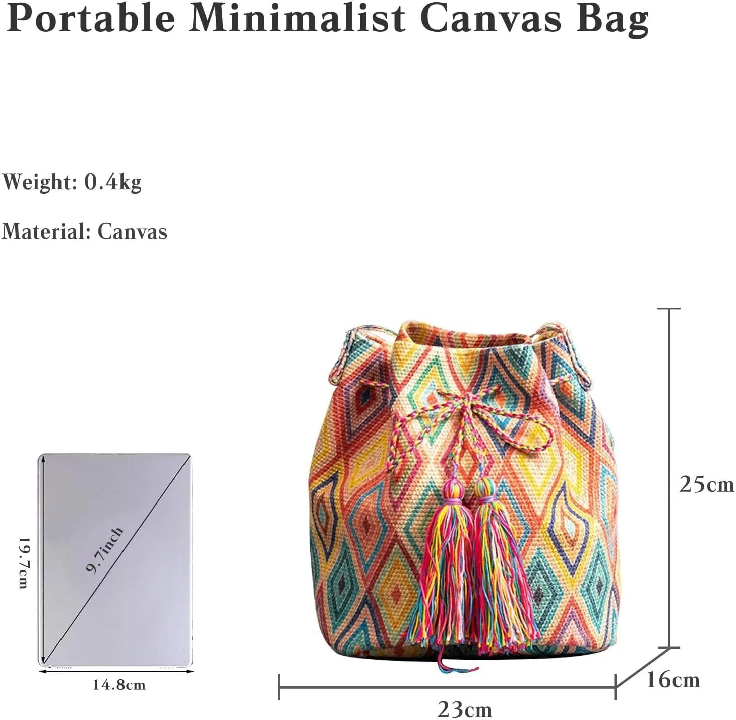 Ethnic Tote Handbag for Women Canvas Bohemian Shoulder Bag Bucket Retro Crossbody with Tassels Multicolor Hobo Drawstring