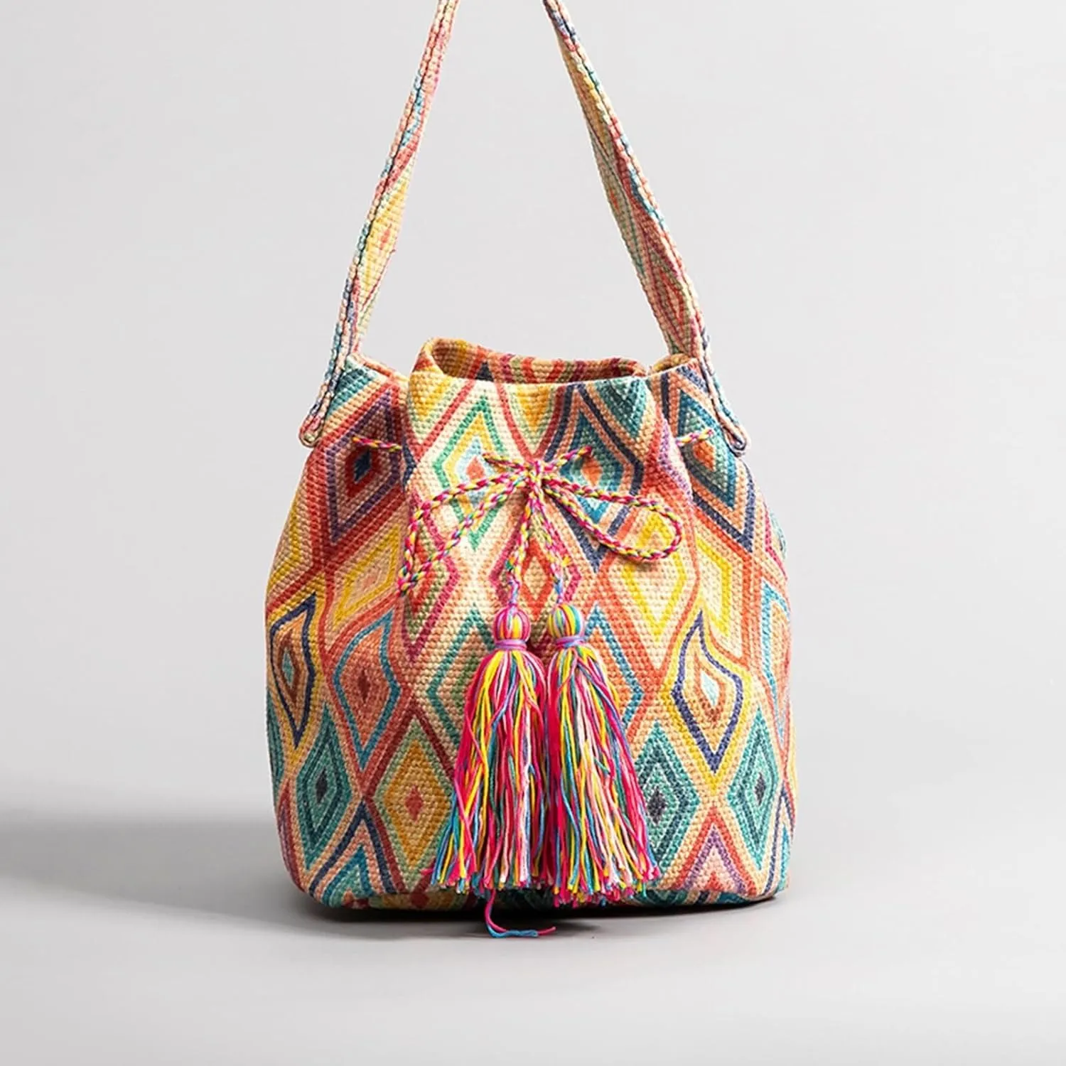Ethnic Tote Handbag for Women Canvas Bohemian Shoulder Bag Bucket Retro Crossbody with Tassels Multicolor Hobo Drawstring