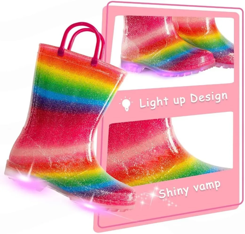EUXTERPA Toddler Kids Glitter Light Up Waterproof Rain Boots for Girls Sparkle Rainbow Rain Shoes with Easy On Handles