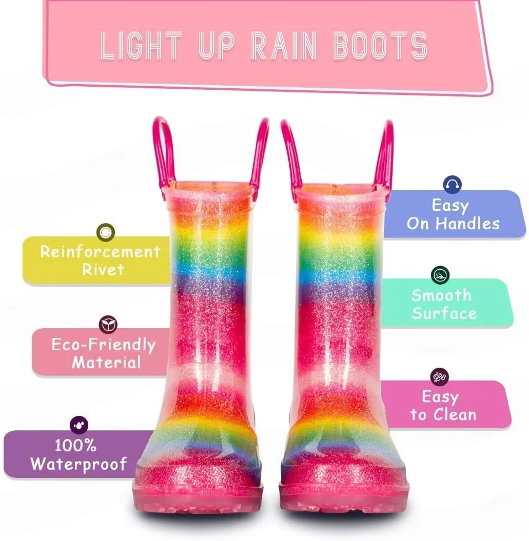 EUXTERPA Toddler Kids Glitter Light Up Waterproof Rain Boots for Girls Sparkle Rainbow Rain Shoes with Easy On Handles