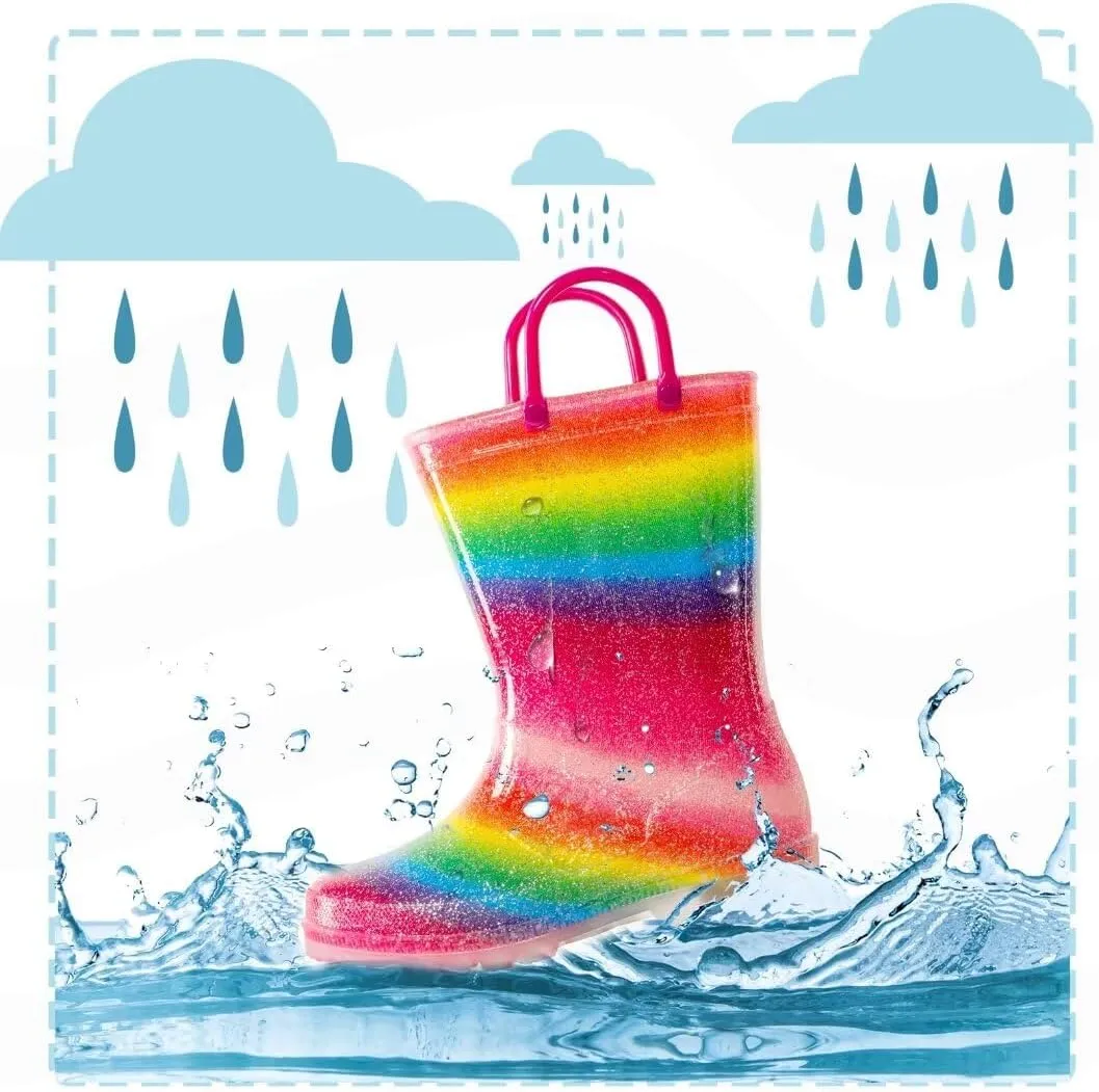 EUXTERPA Toddler Kids Glitter Light Up Waterproof Rain Boots for Girls Sparkle Rainbow Rain Shoes with Easy On Handles
