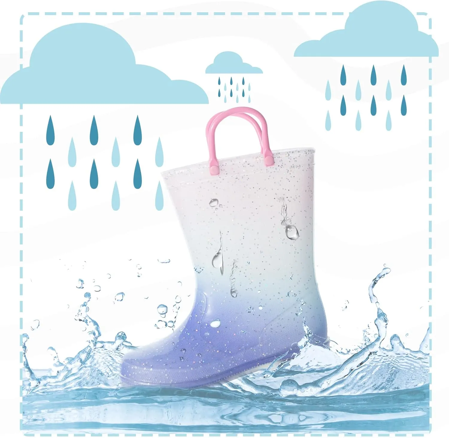 EUXTERPA Toddler Kids Glitter Light Up Waterproof Rain Boots for Girls Sparkle Rainbow Rain Shoes with Easy On Handles