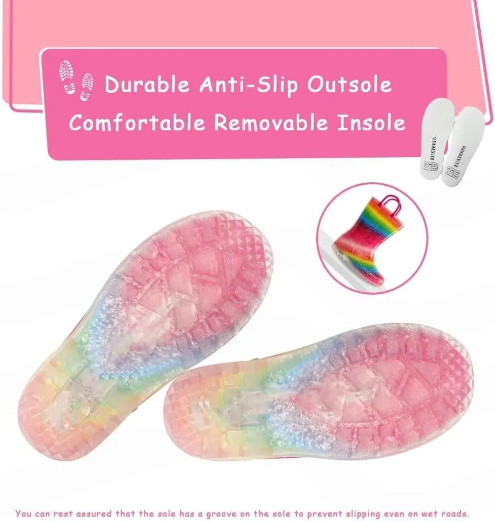 EUXTERPA Toddler Kids Glitter Light Up Waterproof Rain Boots for Girls Sparkle Rainbow Rain Shoes with Easy On Handles