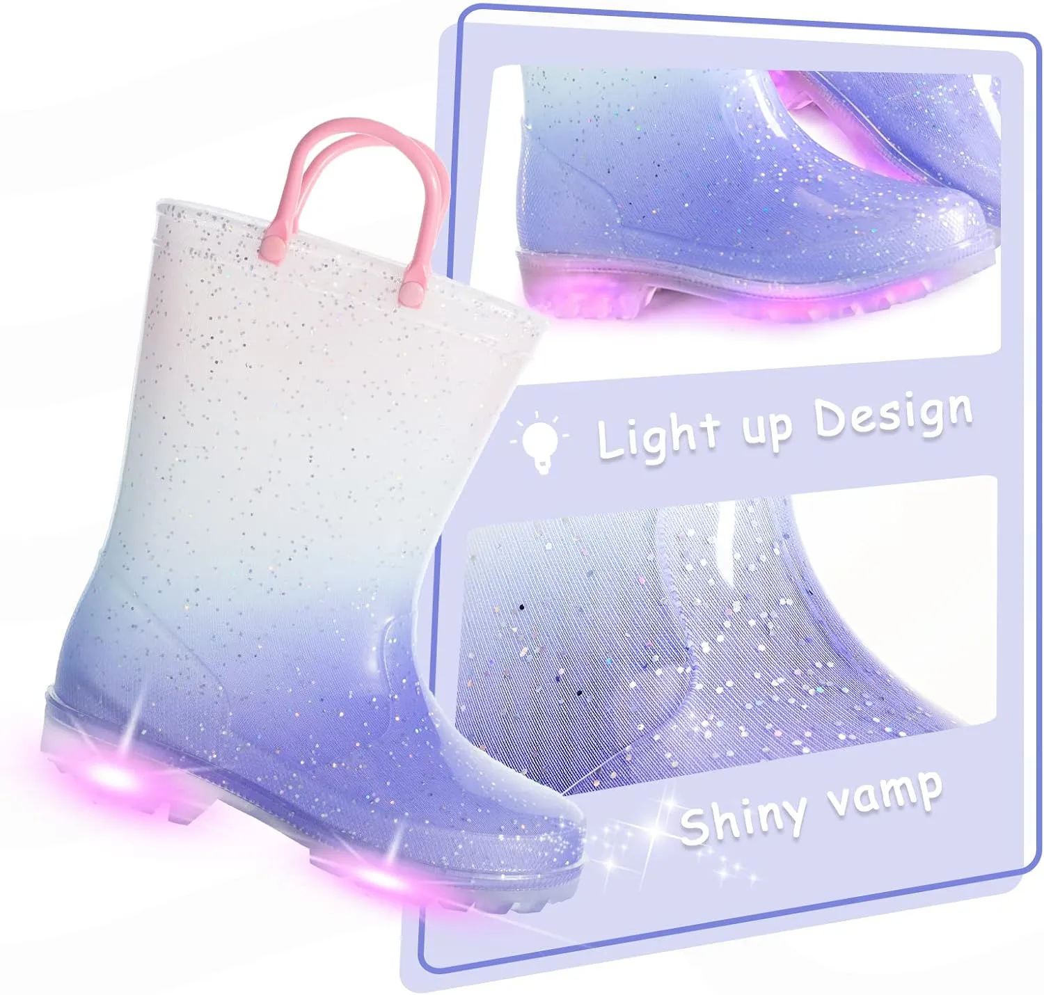 EUXTERPA Toddler Kids Glitter Light Up Waterproof Rain Boots for Girls Sparkle Rainbow Rain Shoes with Easy On Handles