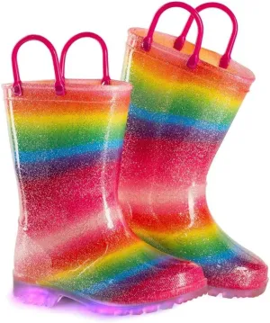 EUXTERPA Toddler Kids Glitter Light Up Waterproof Rain Boots for Girls Sparkle Rainbow Rain Shoes with Easy On Handles