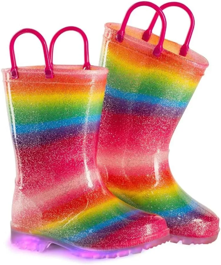 EUXTERPA Toddler Kids Glitter Light Up Waterproof Rain Boots for Girls Sparkle Rainbow Rain Shoes with Easy On Handles