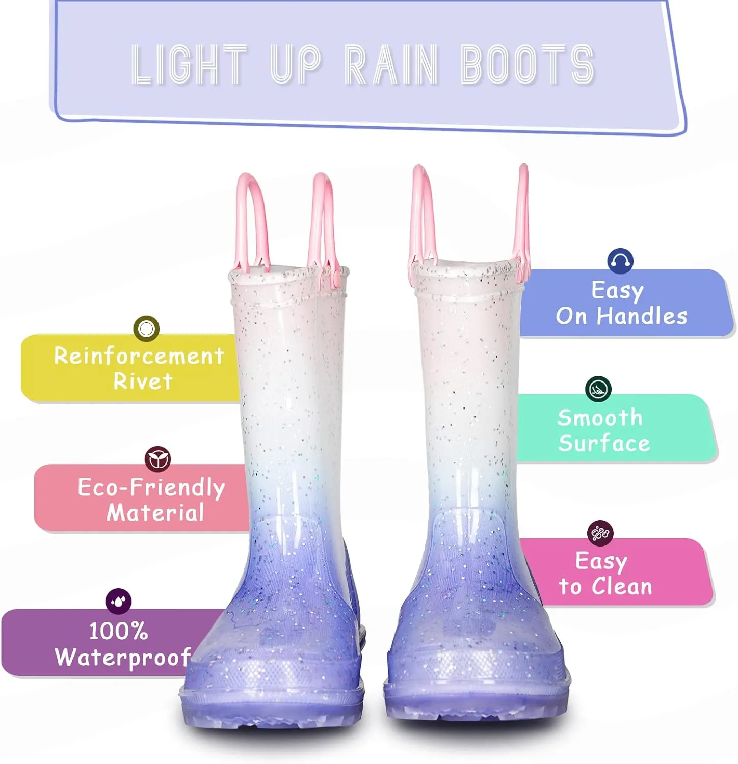 EUXTERPA Toddler Kids Glitter Light Up Waterproof Rain Boots for Girls Sparkle Rainbow Rain Shoes with Easy On Handles