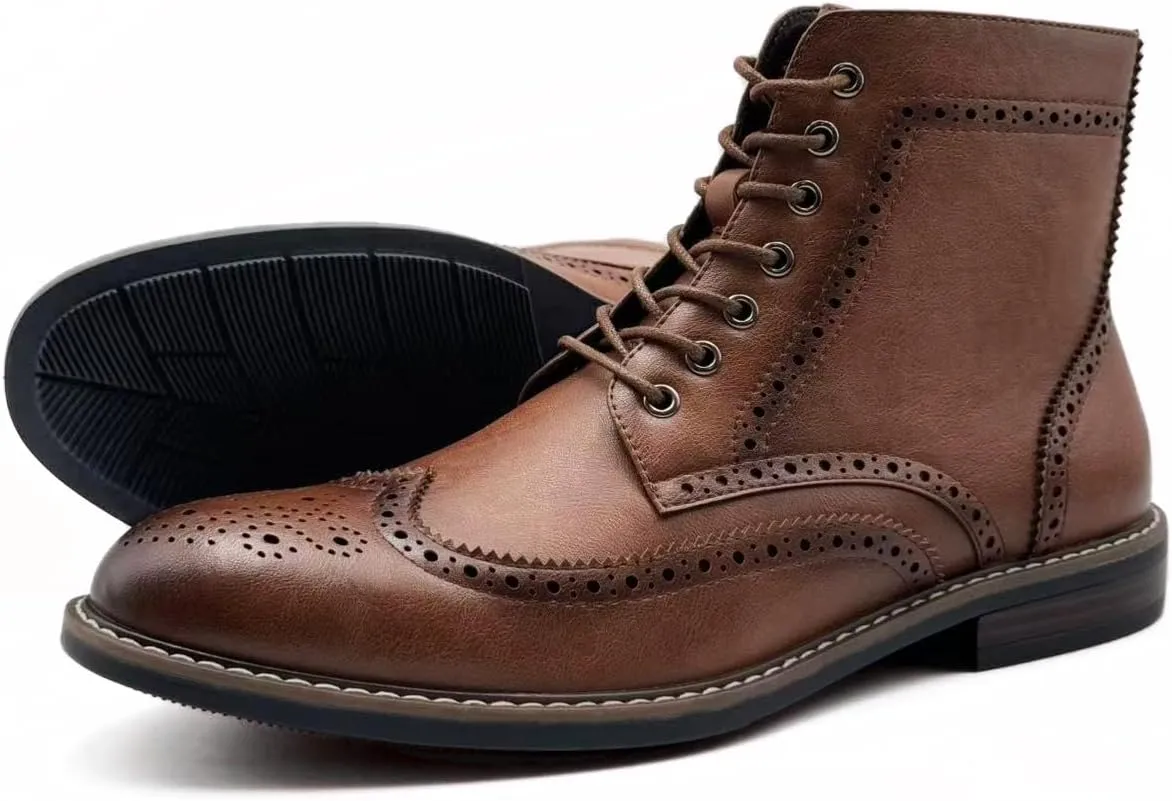 Finishing & Sewing Men's Wingtip Toe Boots, Classic Brogue Style, Oxford Lace Up Dress Shoes