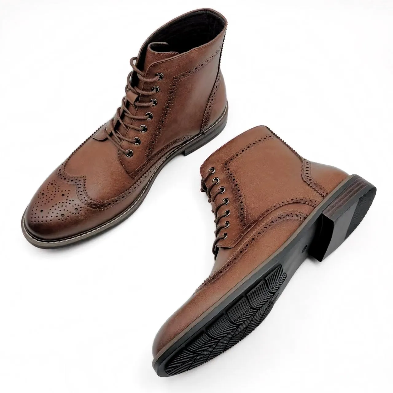 Finishing & Sewing Men's Wingtip Toe Boots, Classic Brogue Style, Oxford Lace Up Dress Shoes