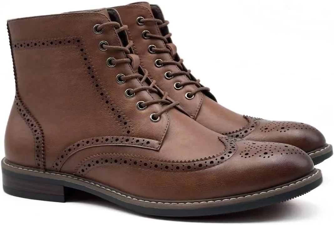 Finishing & Sewing Men's Wingtip Toe Boots, Classic Brogue Style, Oxford Lace Up Dress Shoes