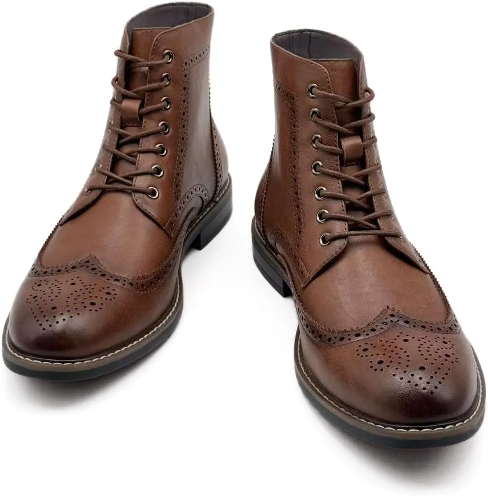 Finishing & Sewing Men's Wingtip Toe Boots, Classic Brogue Style, Oxford Lace Up Dress Shoes
