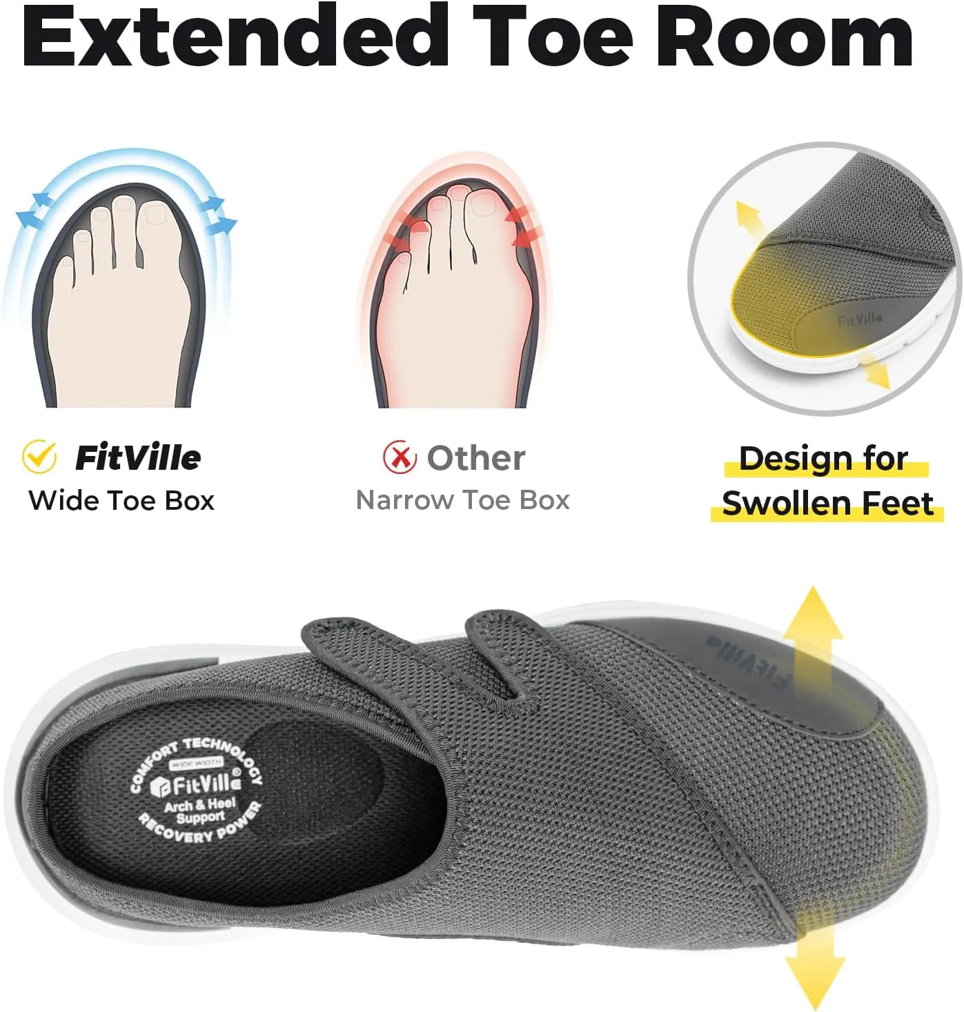 FitVille Diabetic Shoes for Men Slip-On Mules for Swollen Feet Extra Wide Adjustable Clogs Walking Shoes for Plantar Fasciitis Indoors Outdoors
