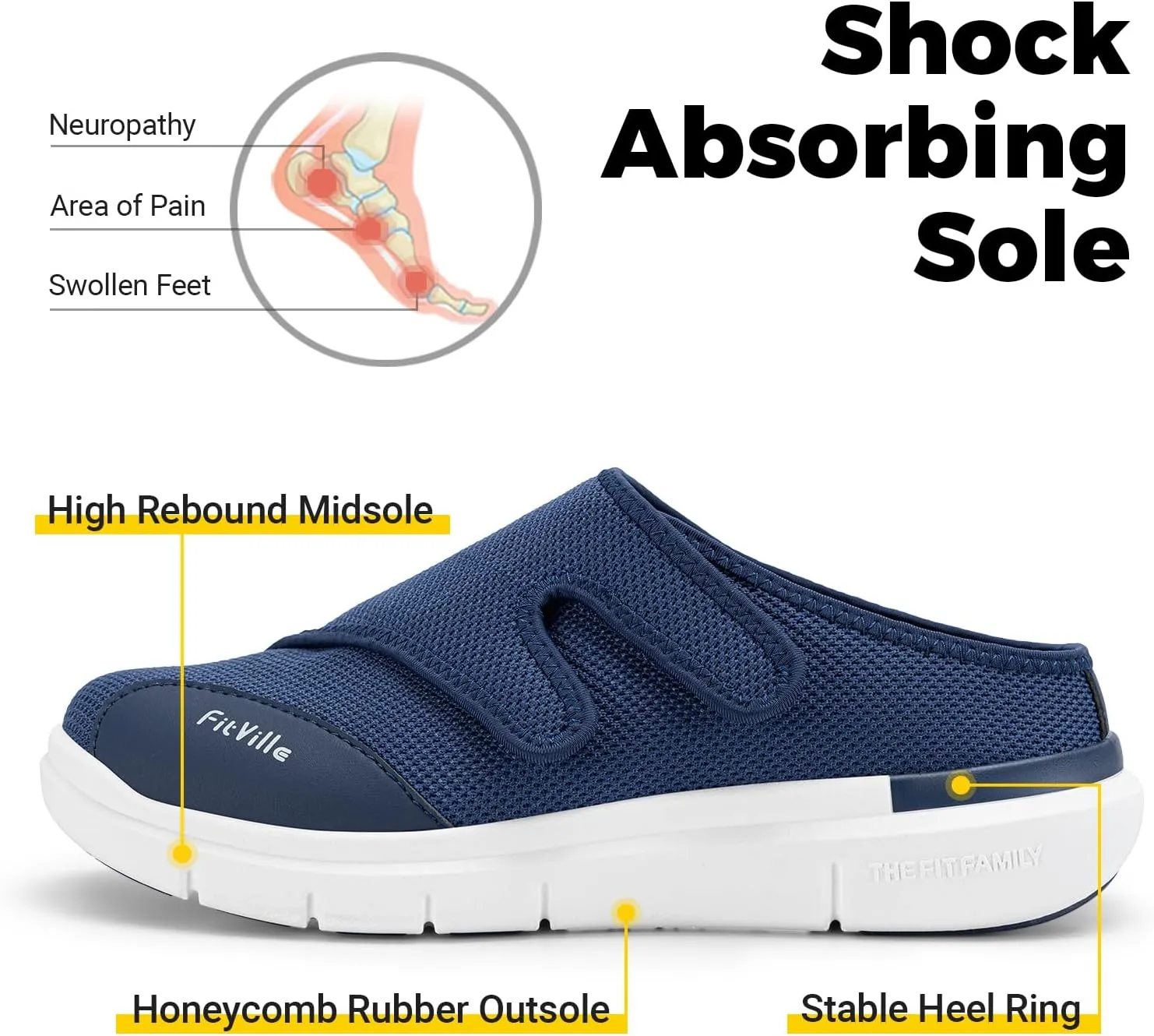 FitVille Diabetic Shoes for Men Slip-On Mules for Swollen Feet Extra Wide Adjustable Clogs Walking Shoes for Plantar Fasciitis Indoors Outdoors
