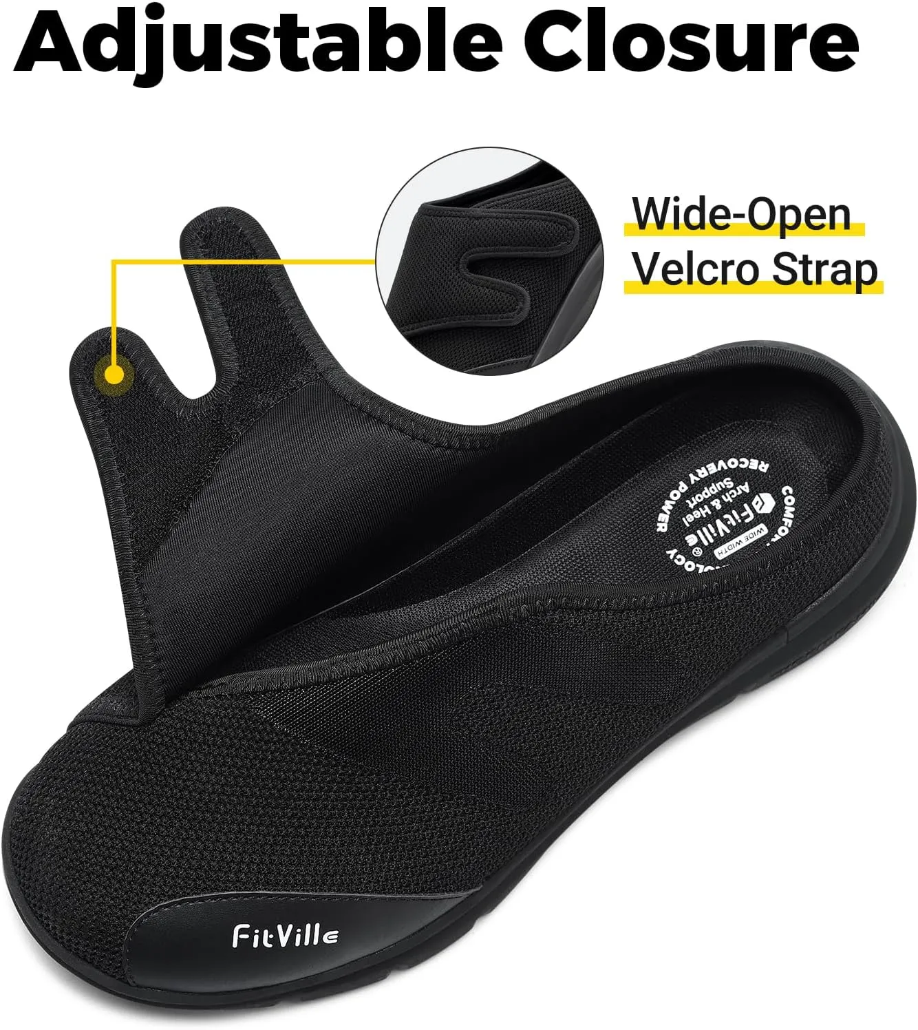 FitVille Diabetic Shoes for Men Slip-On Mules for Swollen Feet Extra Wide Adjustable Clogs Walking Shoes for Plantar Fasciitis Indoors Outdoors