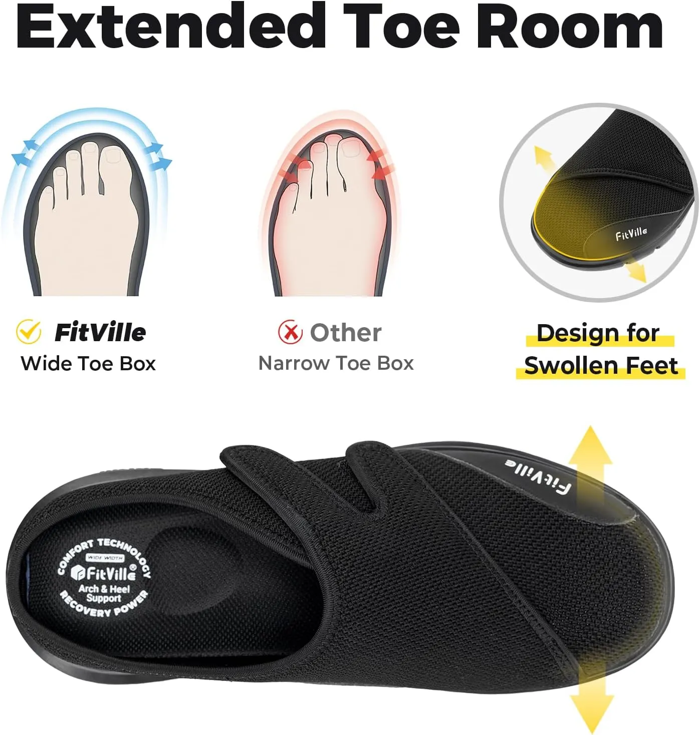 FitVille Diabetic Shoes for Men Slip-On Mules for Swollen Feet Extra Wide Adjustable Clogs Walking Shoes for Plantar Fasciitis Indoors Outdoors