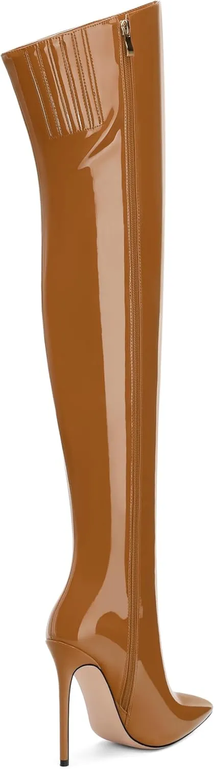 FOGEENA Over the Knee Boots for Women Stiletto High Heel Patent Leather Pointed Toe Zipper 4.7 Inch Thigh High Boots Fashion Sexy Dating Party Fall Winter Boots