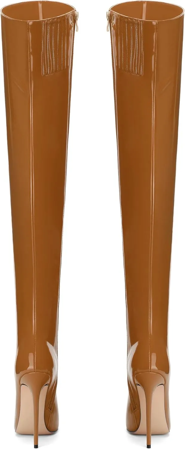 FOGEENA Over the Knee Boots for Women Stiletto High Heel Patent Leather Pointed Toe Zipper 4.7 Inch Thigh High Boots Fashion Sexy Dating Party Fall Winter Boots