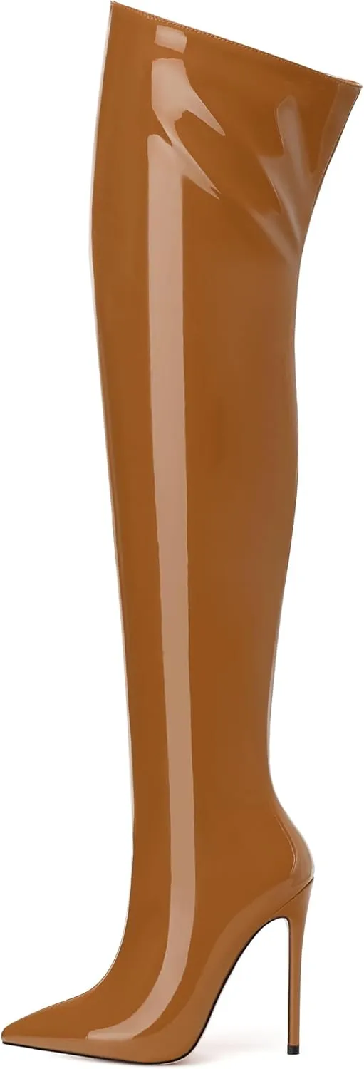 FOGEENA Over the Knee Boots for Women Stiletto High Heel Patent Leather Pointed Toe Zipper 4.7 Inch Thigh High Boots Fashion Sexy Dating Party Fall Winter Boots