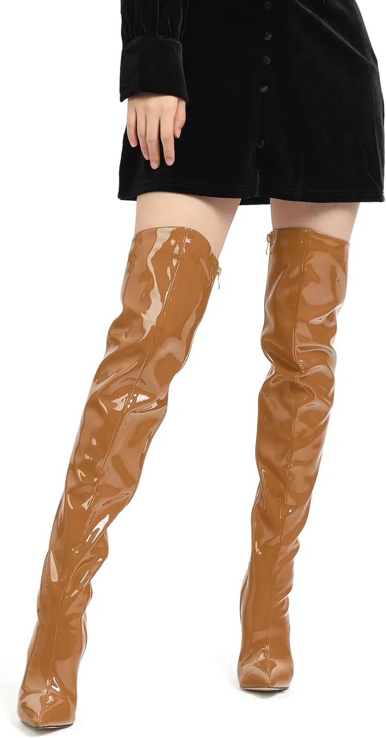 FOGEENA Over the Knee Boots for Women Stiletto High Heel Patent Leather Pointed Toe Zipper 4.7 Inch Thigh High Boots Fashion Sexy Dating Party Fall Winter Boots