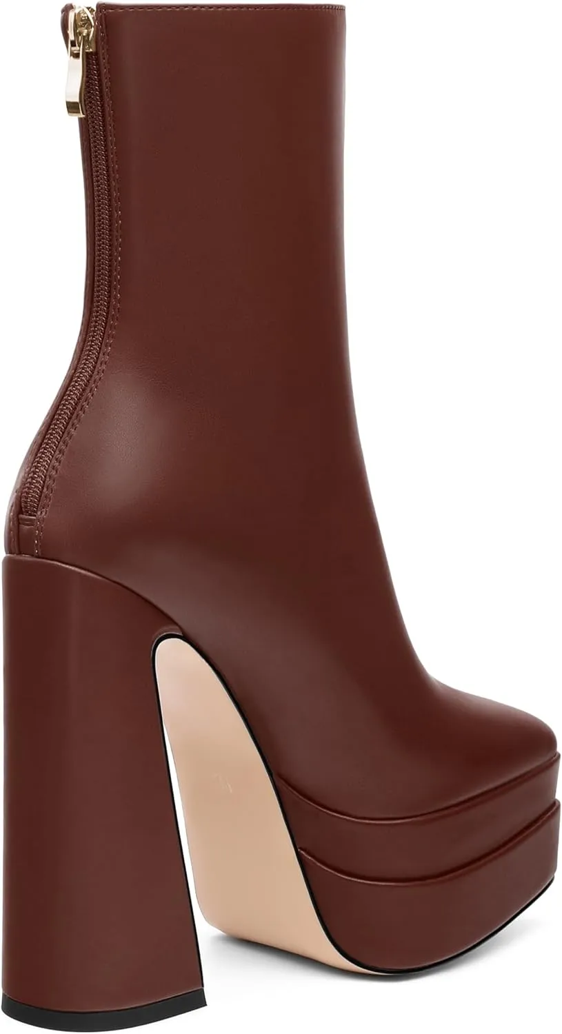 FOGEENA Platform Ankle Boots for Women Chunky Block Heel Pointed Toe Zipper 5.9 Inch Heeled Fall Boots Fashion Dating Party Evening Short Booties