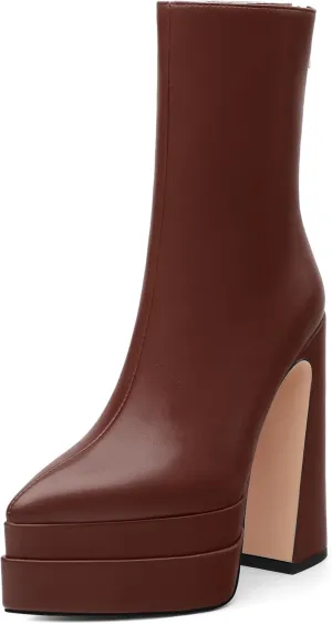 FOGEENA Platform Ankle Boots for Women Chunky Block Heel Pointed Toe Zipper 5.9 Inch Heeled Fall Boots Fashion Dating Party Evening Short Booties