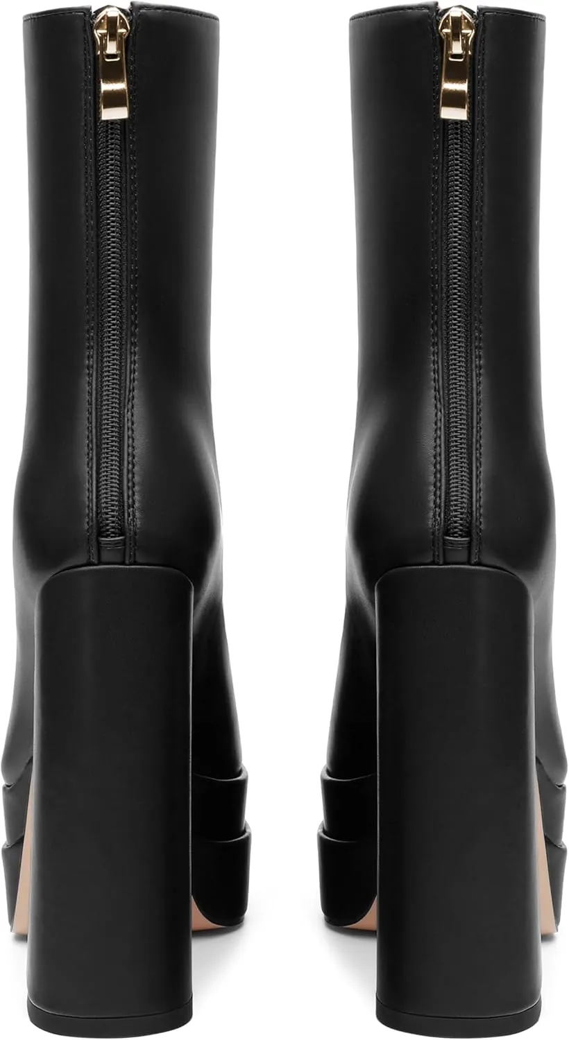 FOGEENA Platform Ankle Boots for Women Chunky Block Heel Pointed Toe Zipper 5.9 Inch Heeled Fall Boots Fashion Dating Party Evening Short Booties
