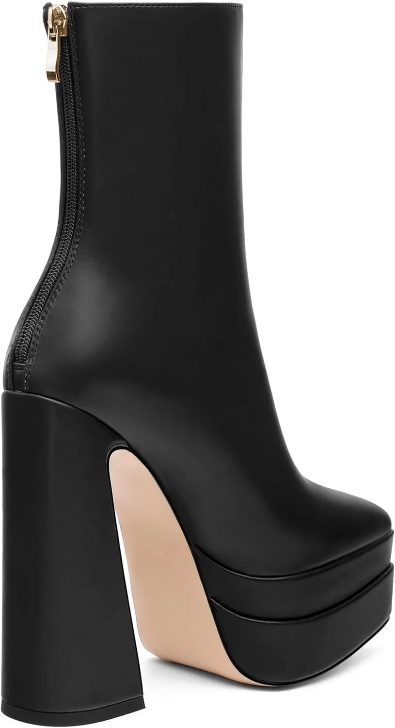 FOGEENA Platform Ankle Boots for Women Chunky Block Heel Pointed Toe Zipper 5.9 Inch Heeled Fall Boots Fashion Dating Party Evening Short Booties