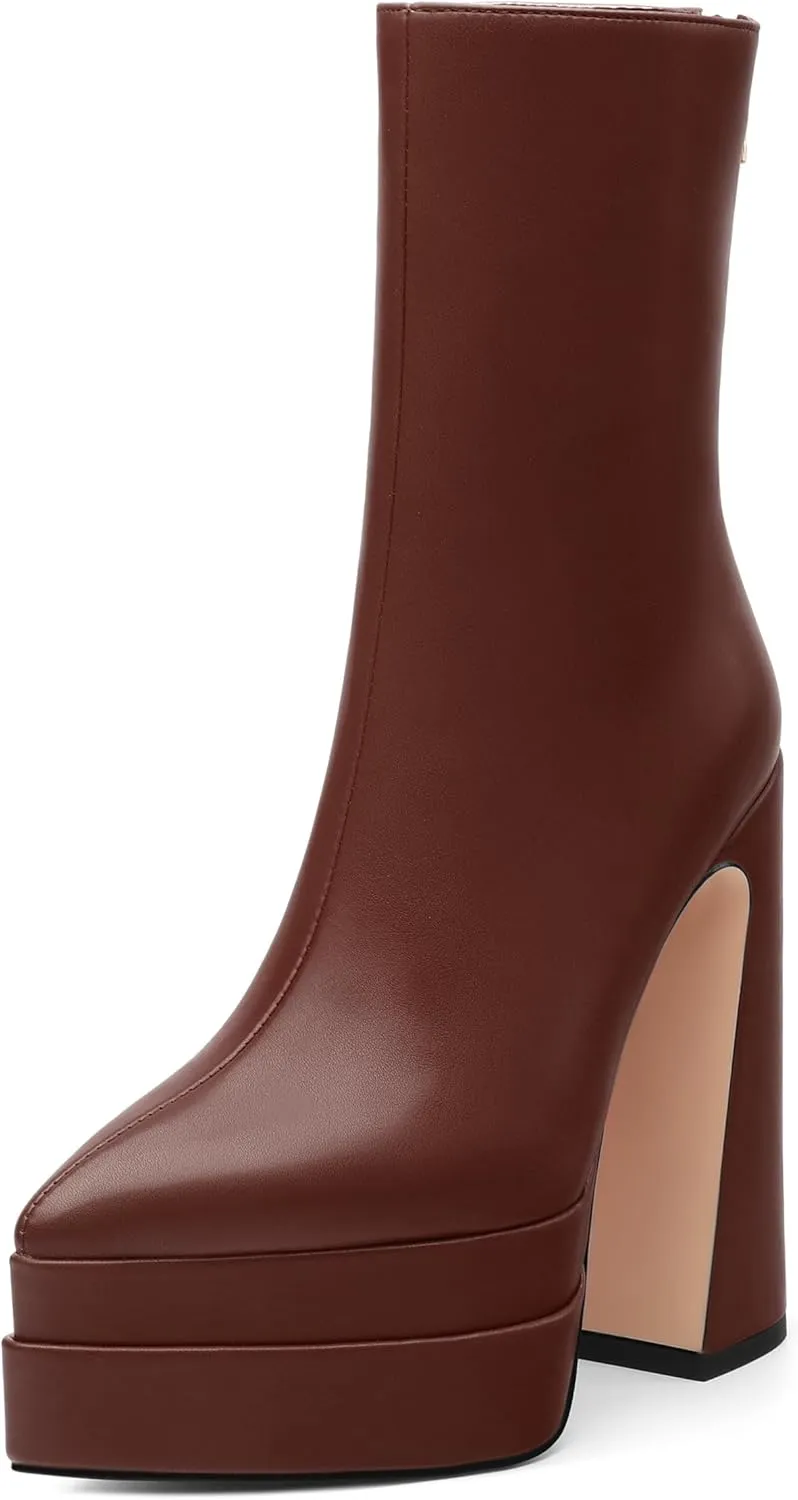 FOGEENA Platform Ankle Boots for Women Chunky Block Heel Pointed Toe Zipper 5.9 Inch Heeled Fall Boots Fashion Dating Party Evening Short Booties